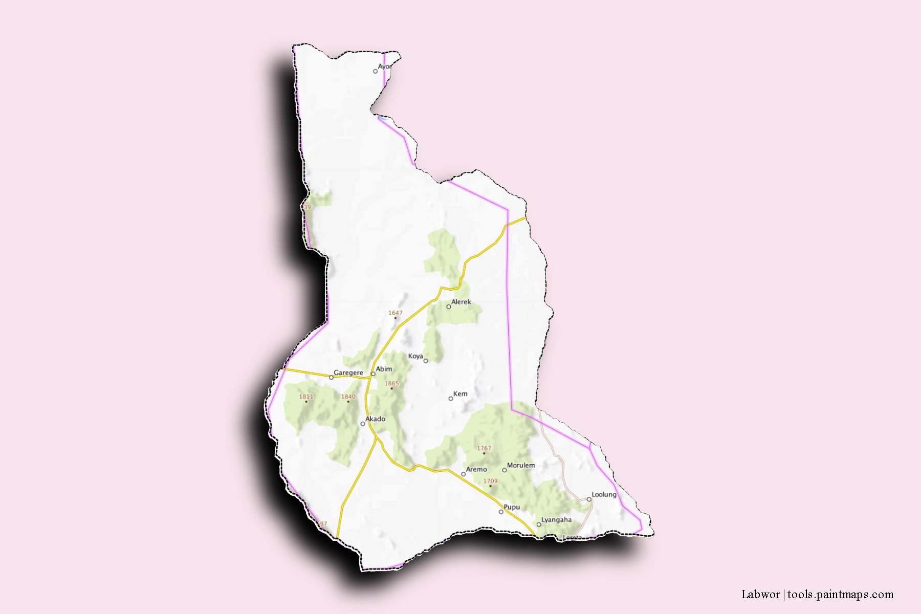 Mapa de barrios y pueblos de Labwor con efecto de sombra 3D