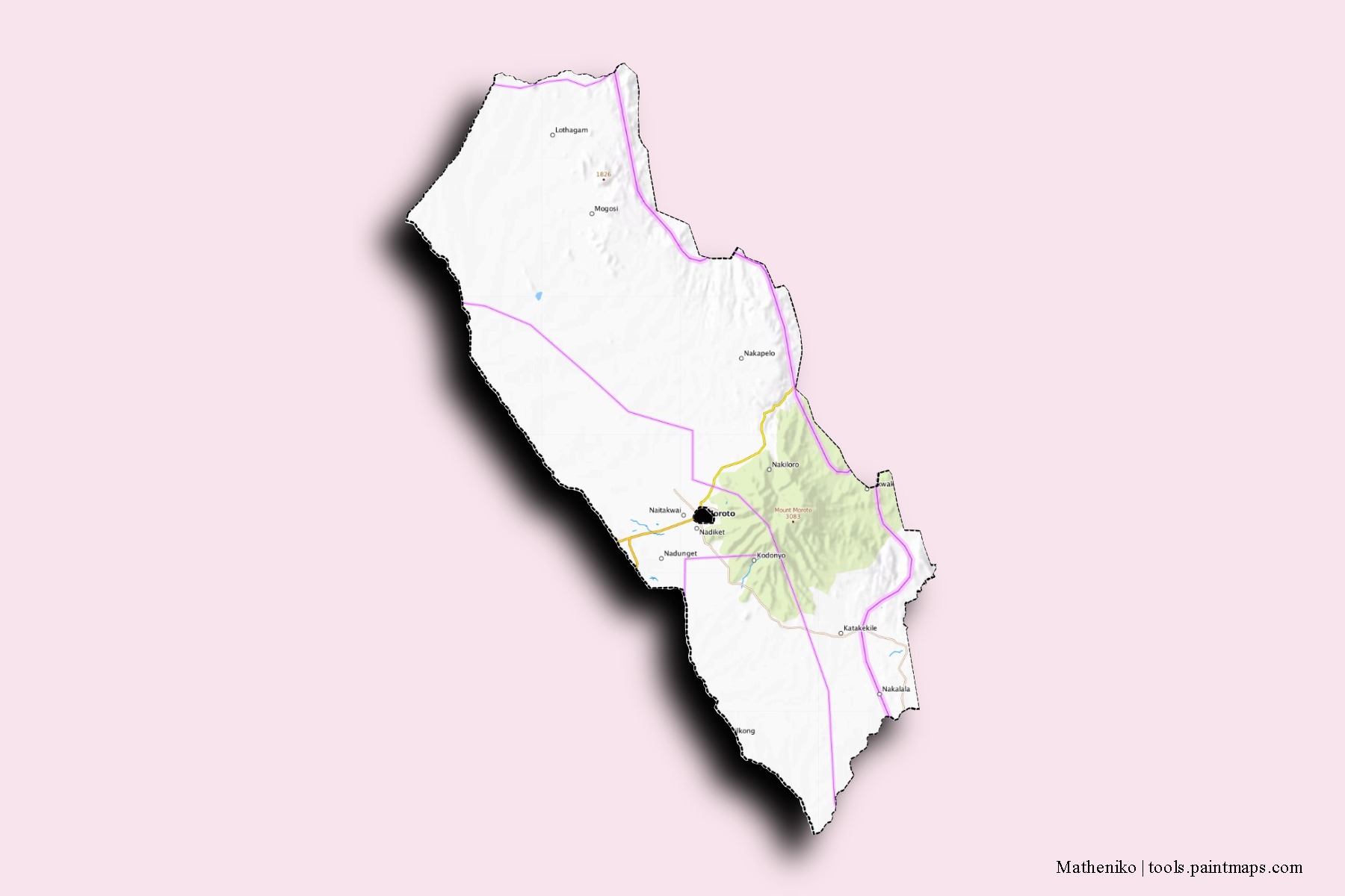 Mapa de barrios y pueblos de Matheniko con efecto de sombra 3D