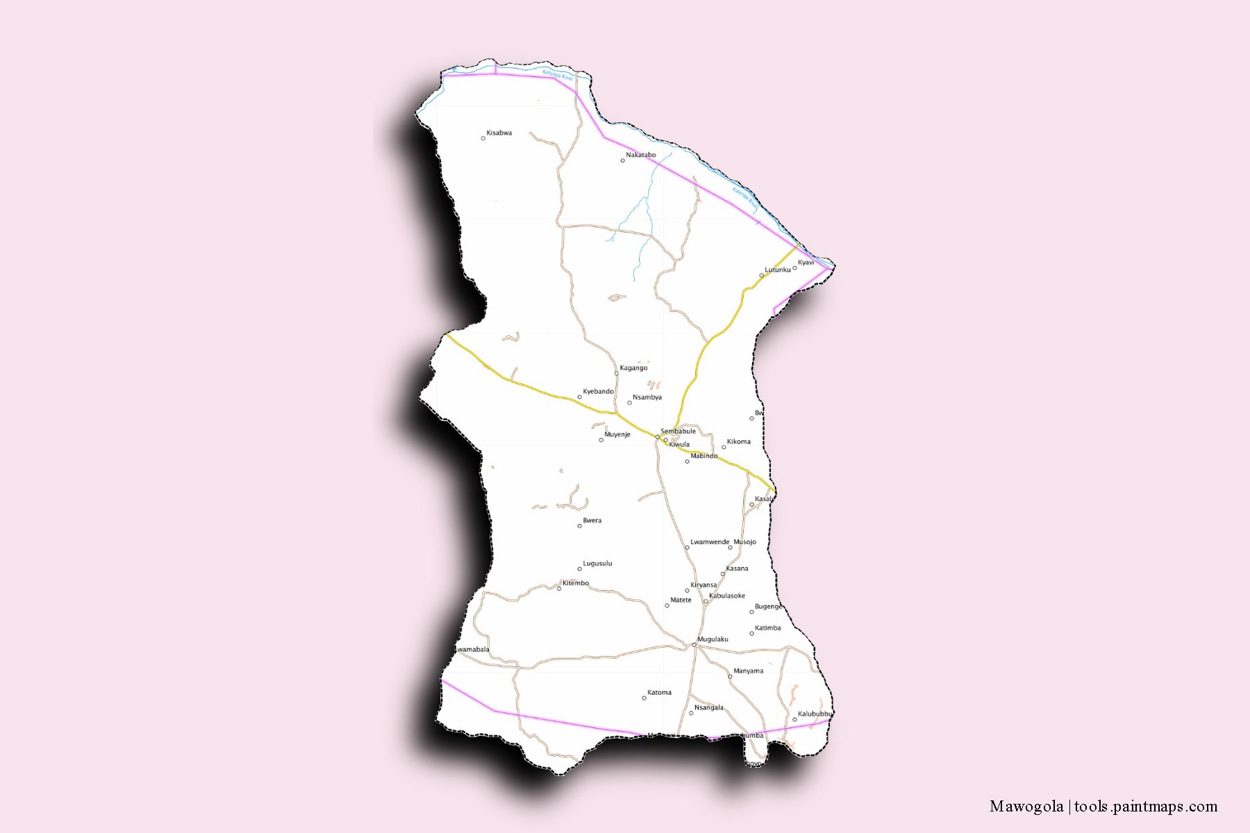 Mapa de barrios y pueblos de Mawogola con efecto de sombra 3D