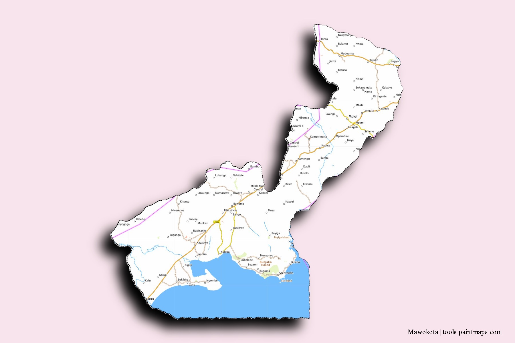 Mapa de barrios y pueblos de Mawokota con efecto de sombra 3D