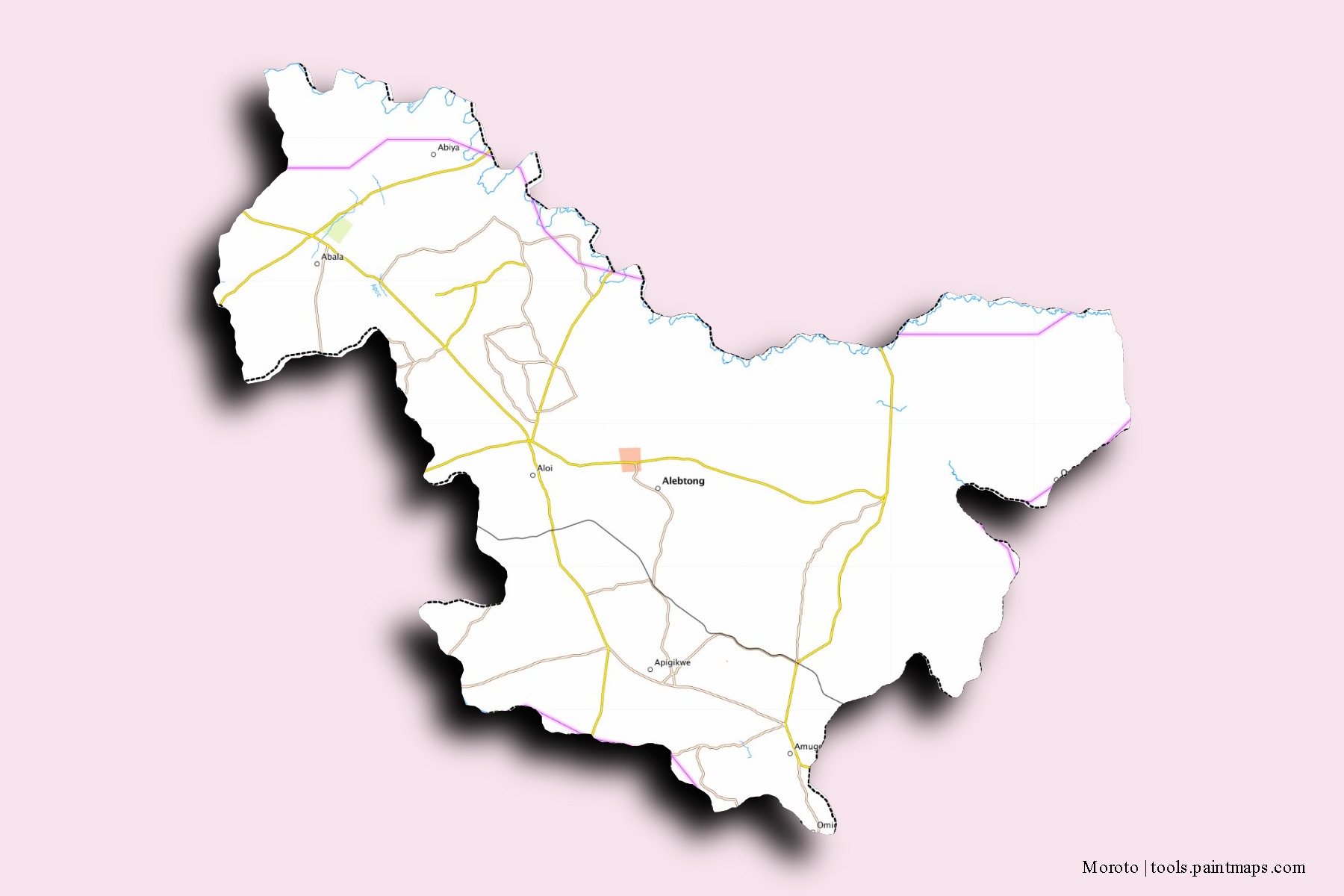 Moroto neighborhoods and villages map with 3D shadow effect