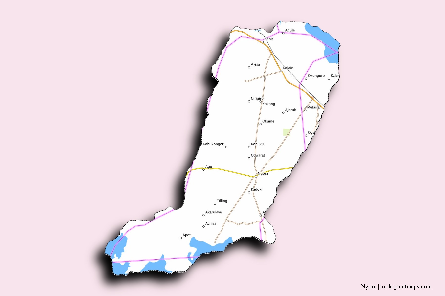 Mapa de barrios y pueblos de Ngora con efecto de sombra 3D