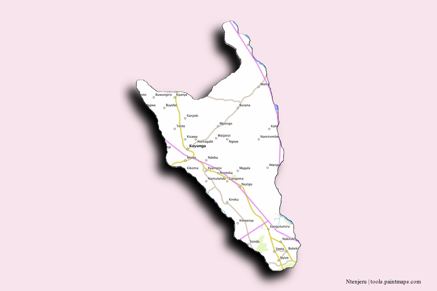 Mapa de barrios y pueblos de Ntenjeru con efecto de sombra 3D