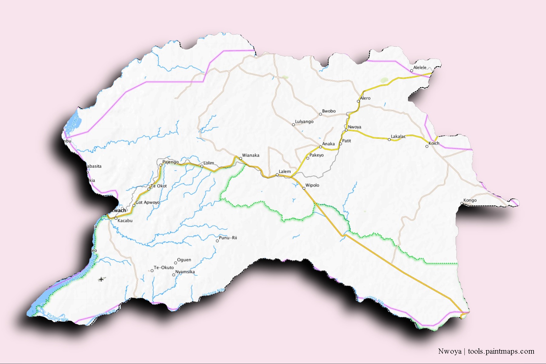 3D gölge efektli Nwoya District mahalleleri ve köyleri haritası