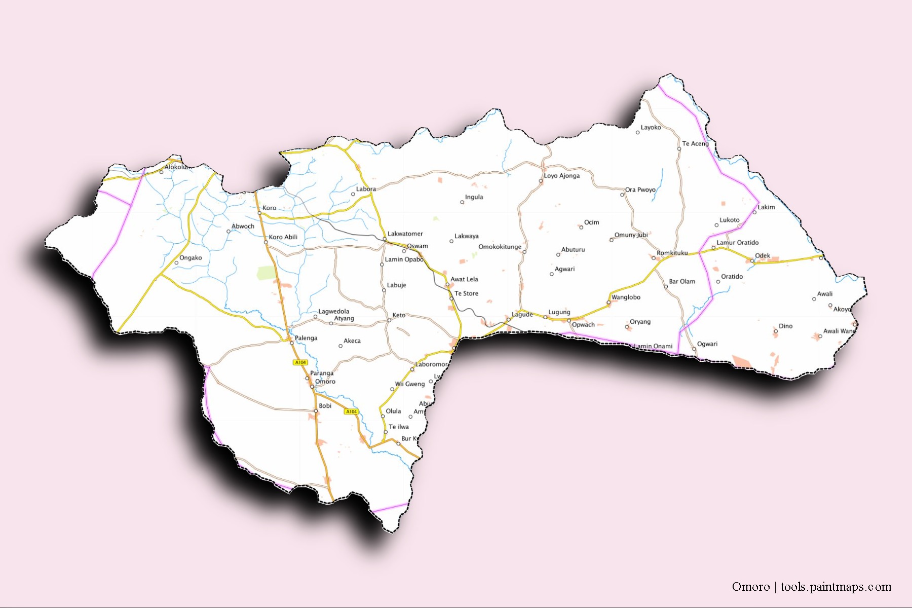 Mapa de barrios y pueblos de Omoro con efecto de sombra 3D