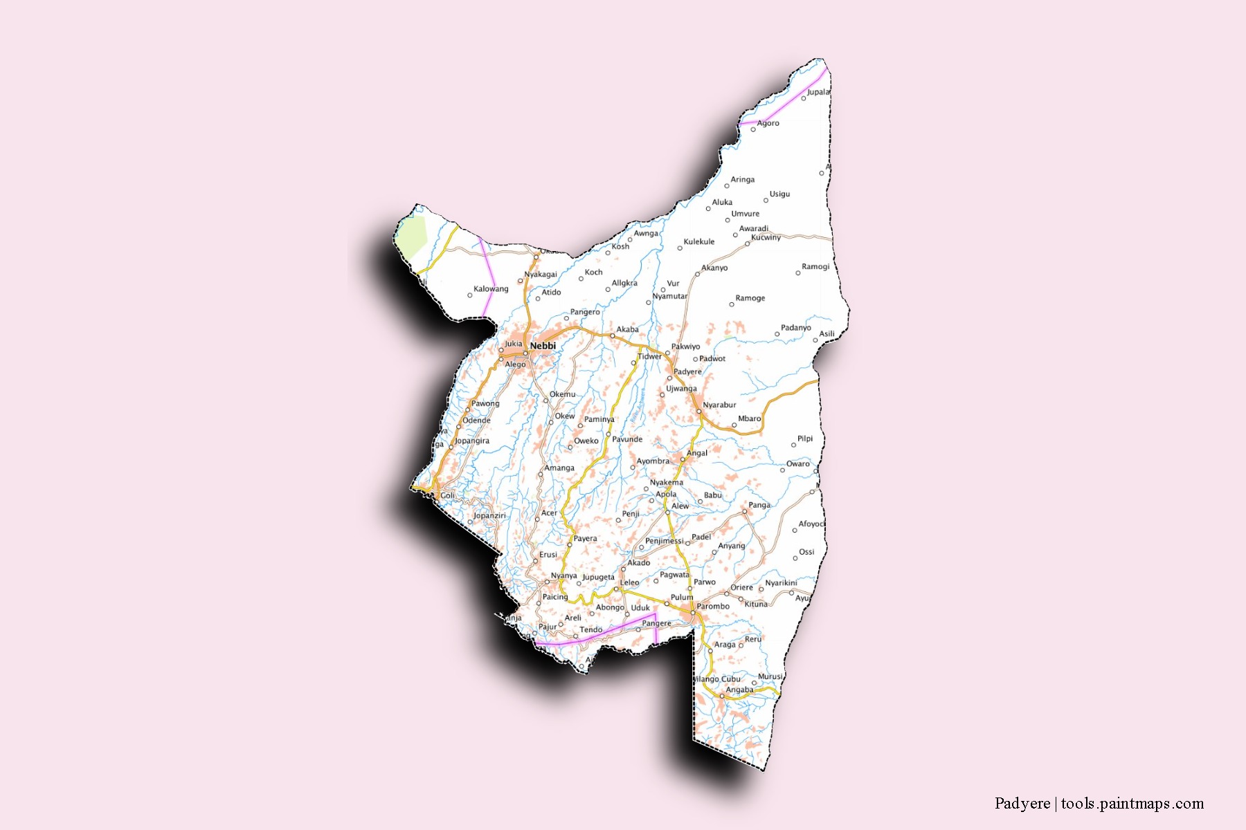 Mapa de barrios y pueblos de Padyere con efecto de sombra 3D