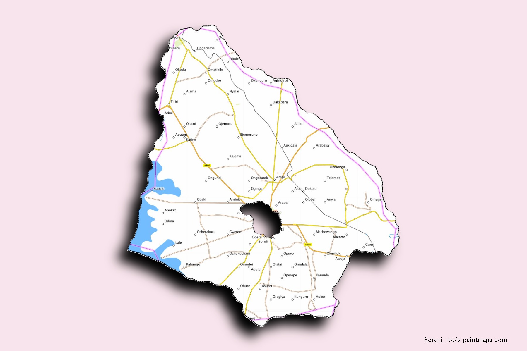 3D gölge efektli Soroti District mahalleleri ve köyleri haritası