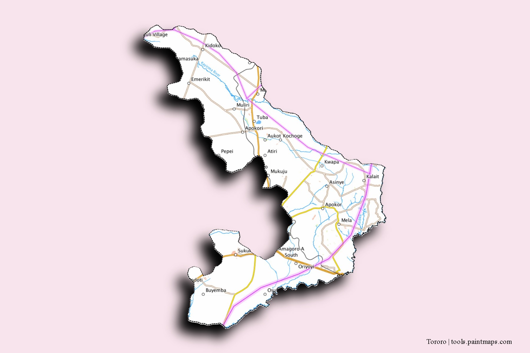 Tororo neighborhoods and villages map with 3D shadow effect