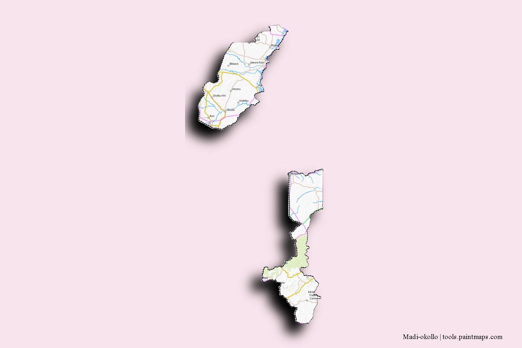 Mapa de barrios y pueblos de Madi-okollo con efecto de sombra 3D