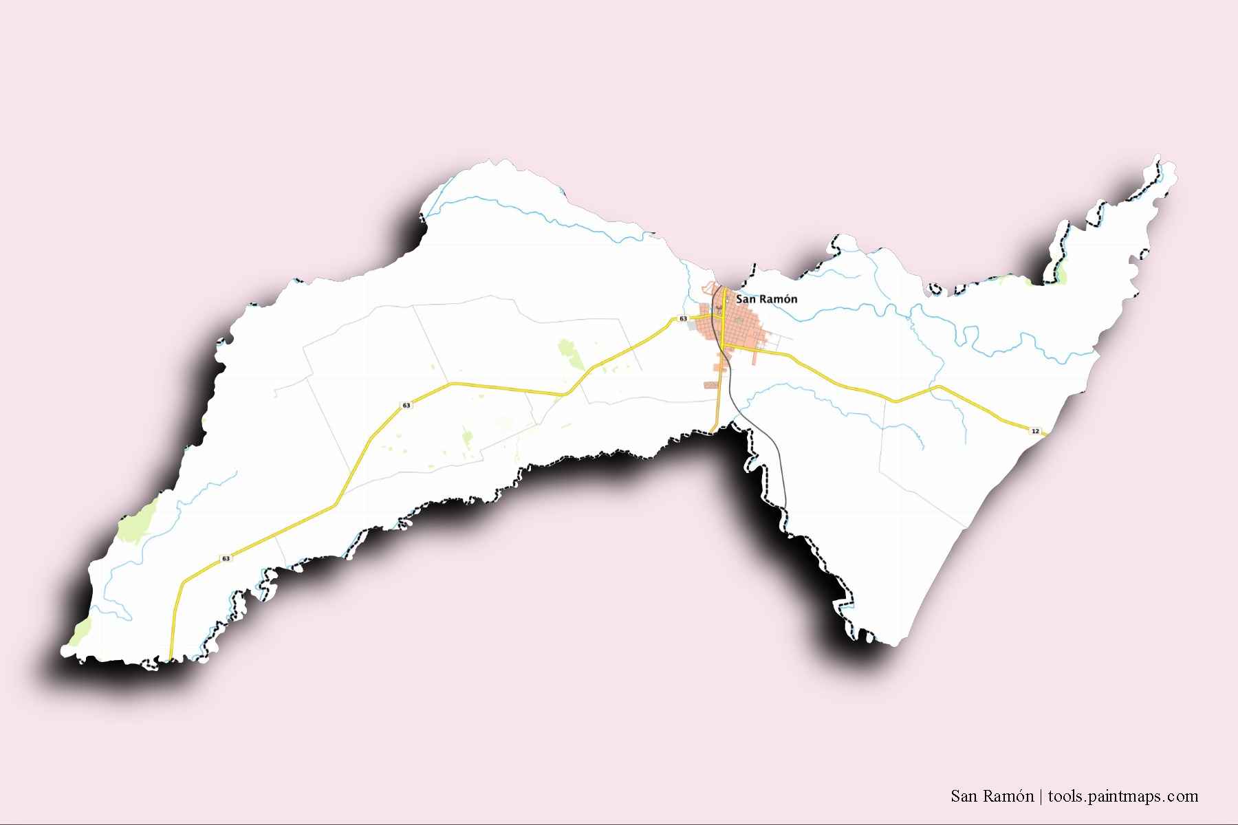 Mapa de barrios y pueblos de San Ramón con efecto de sombra 3D