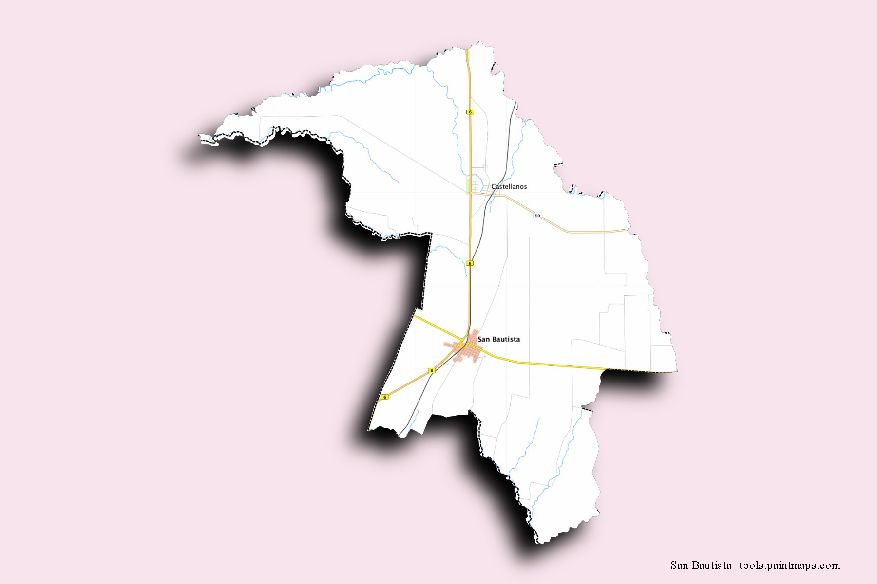 Mapa de barrios y pueblos de San Bautista con efecto de sombra 3D