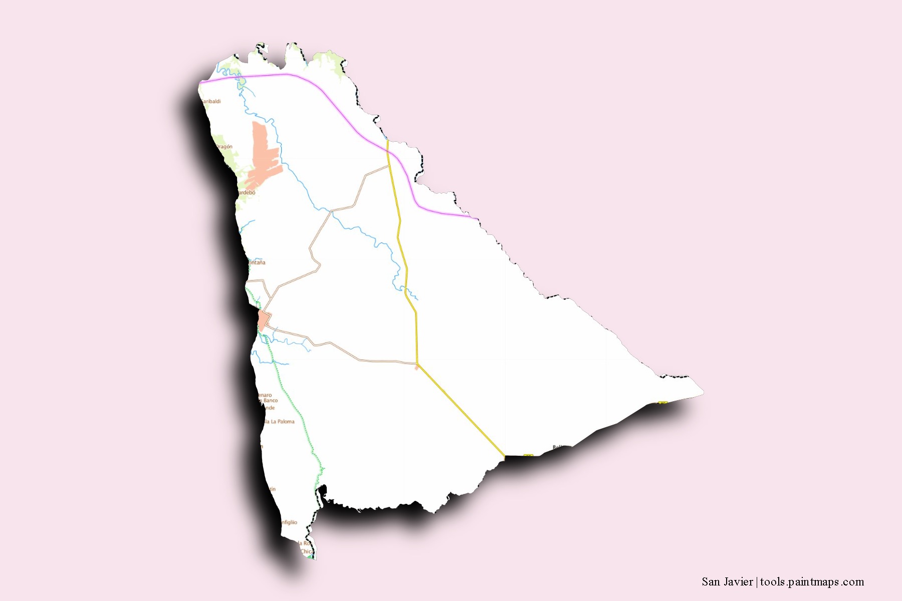 3D gölge efektli San Javier mahalleleri ve köyleri haritası