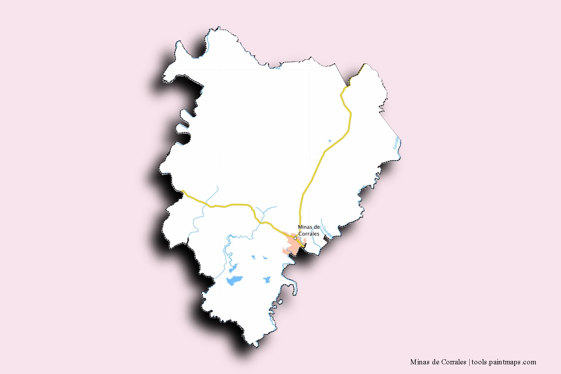 Mapa de barrios y pueblos de Minas de Corrales con efecto de sombra 3D