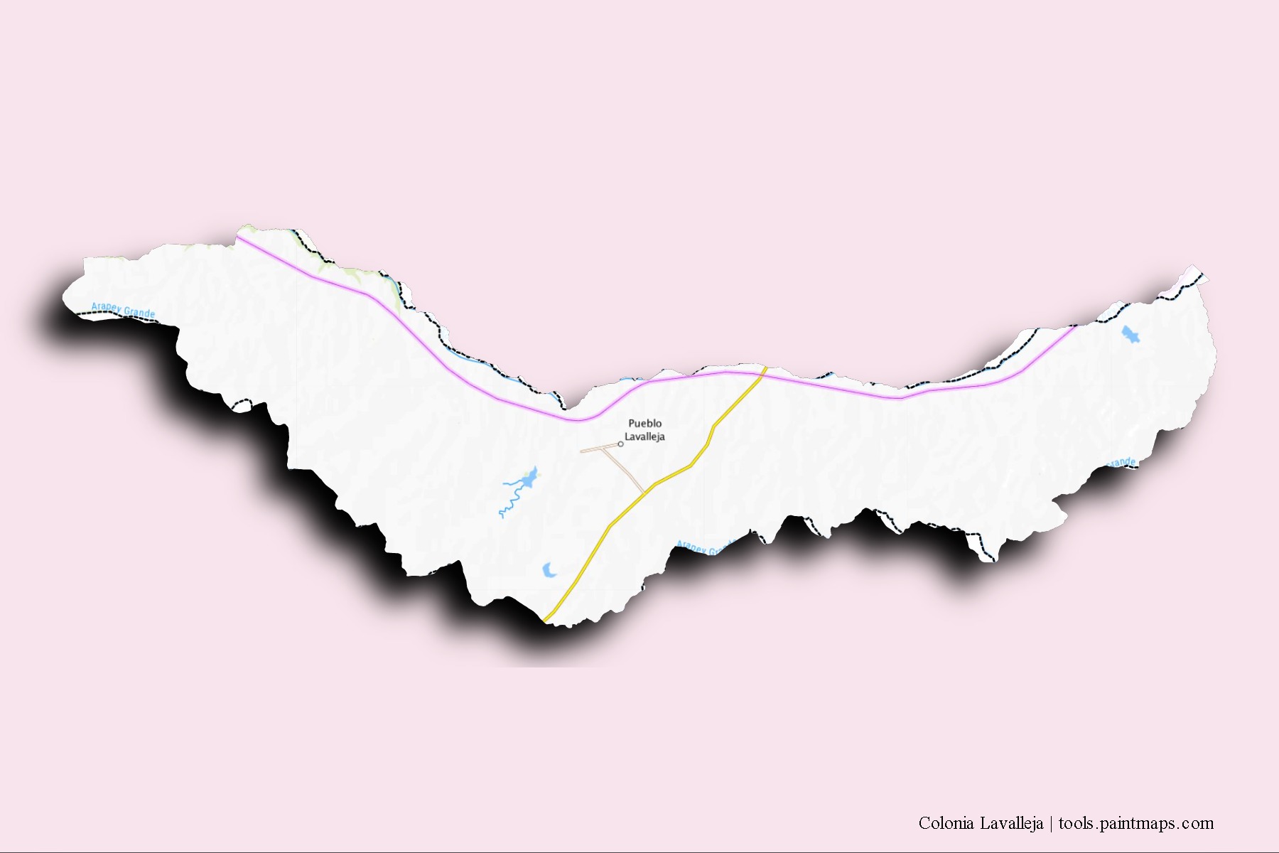 Colonia Lavalleja neighborhoods and villages map with 3D shadow effect