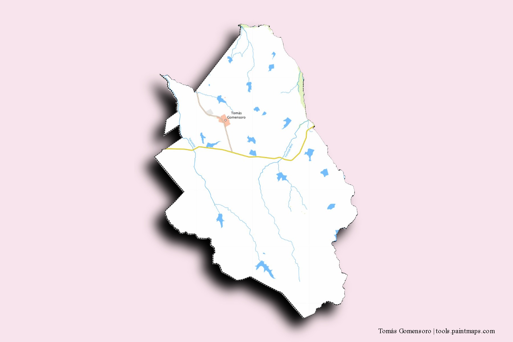 Mapa de barrios y pueblos de Tomás Gomensoro con efecto de sombra 3D