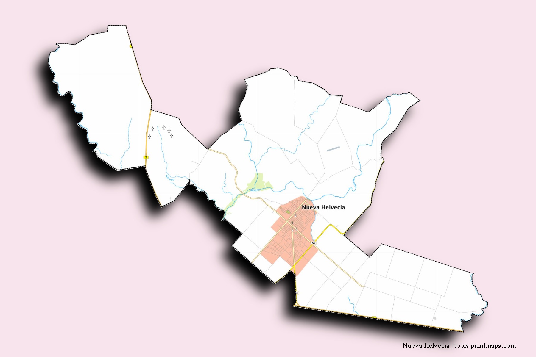 Mapa de barrios y pueblos de Nueva Helvecia con efecto de sombra 3D