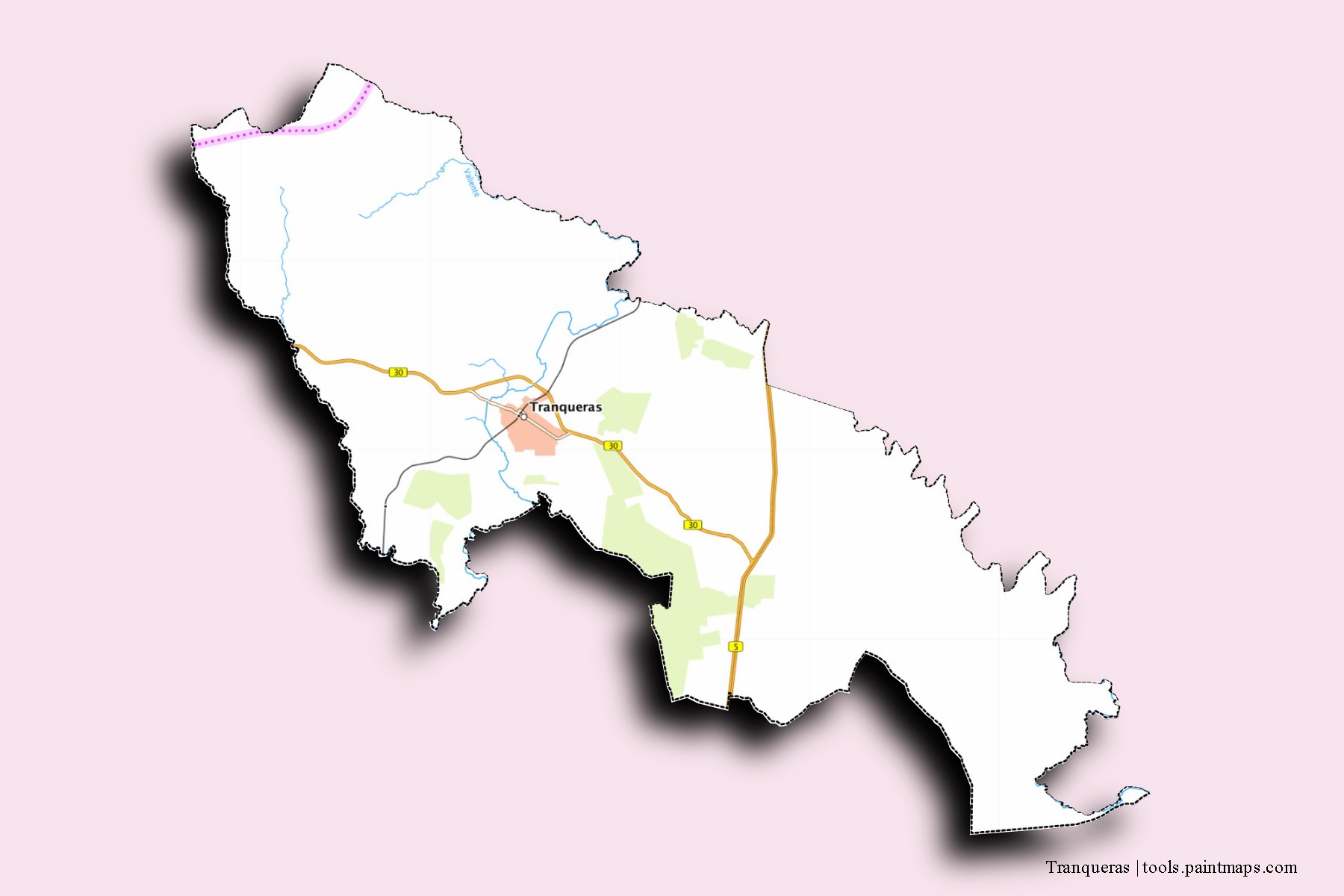 Mapa de barrios y pueblos de Tranqueras con efecto de sombra 3D