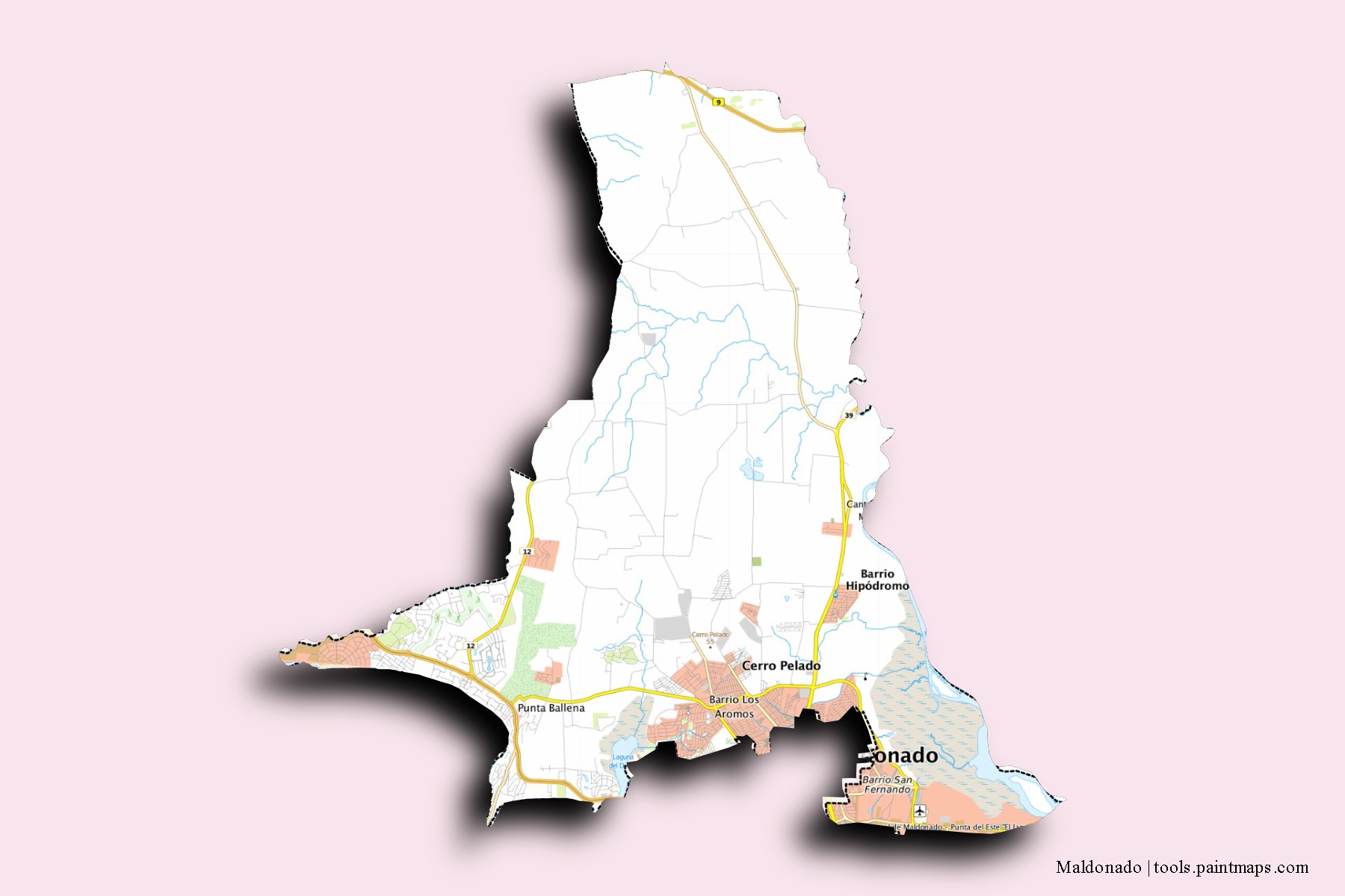 Maldonado neighborhoods and villages map with 3D shadow effect