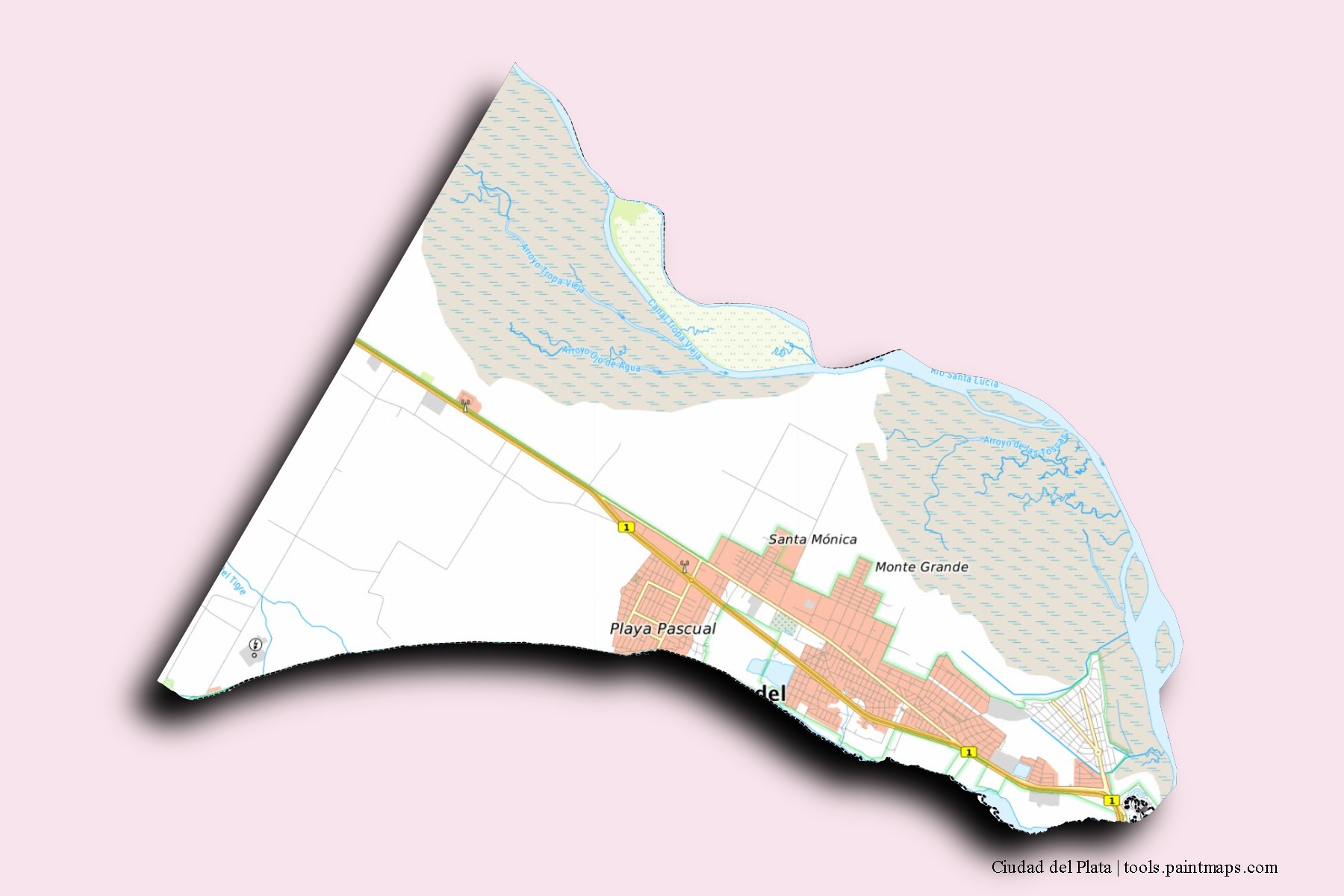 Mapa de barrios y pueblos de Ciudad del Plata con efecto de sombra 3D