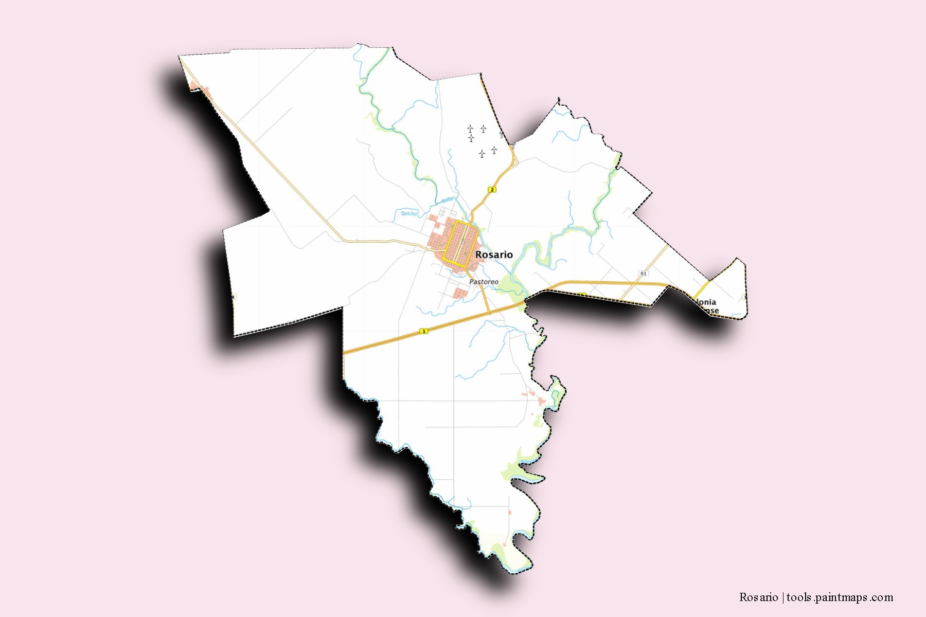 Rosario neighborhoods and villages map with 3D shadow effect