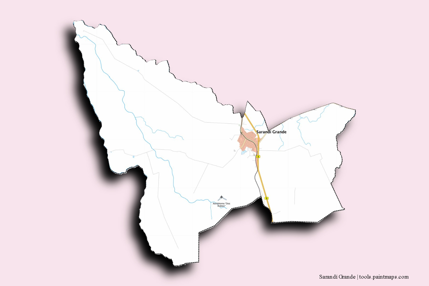 Mapa de barrios y pueblos de Sarandí Grande con efecto de sombra 3D