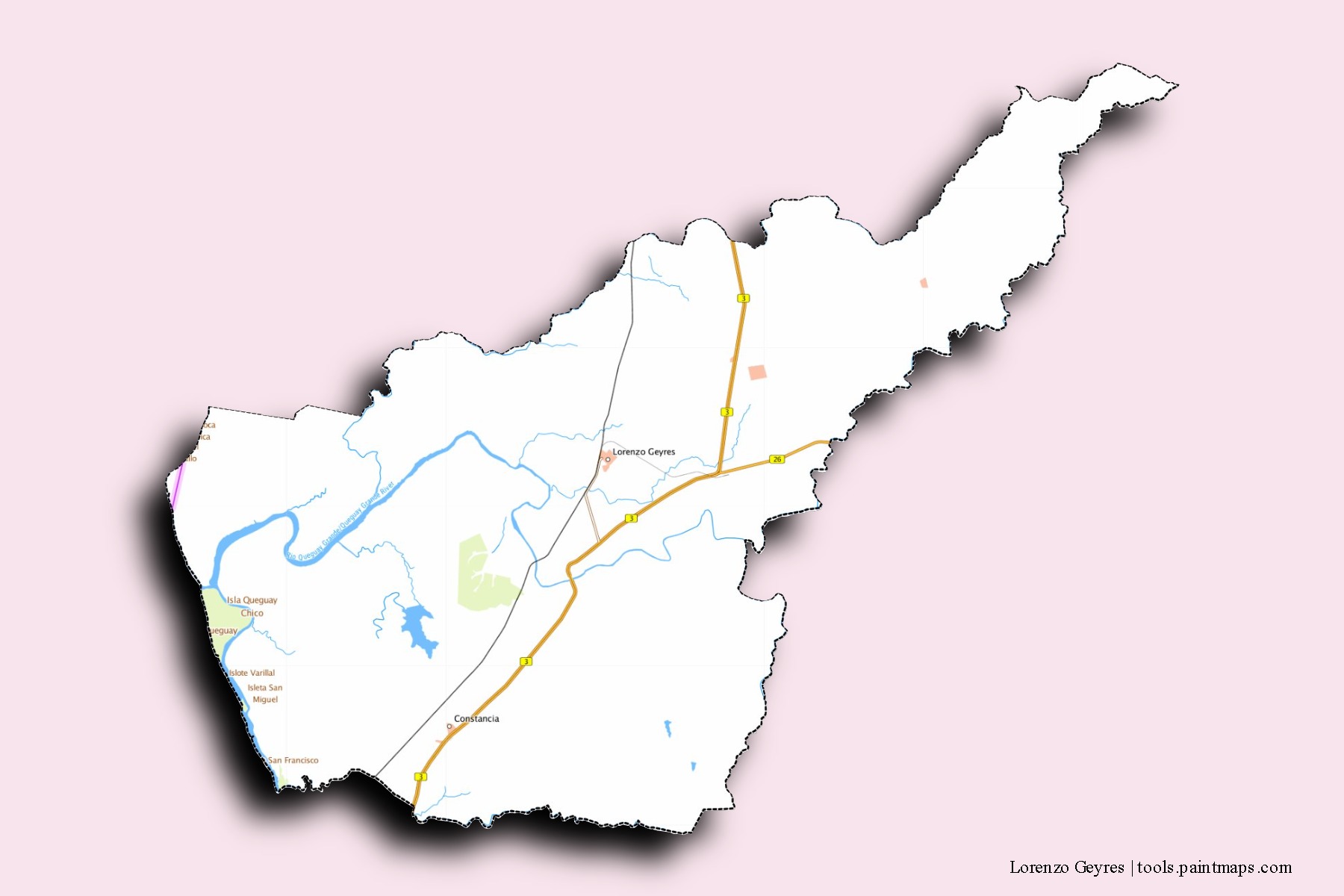 Mapa de barrios y pueblos de Lorenzo Geyres con efecto de sombra 3D