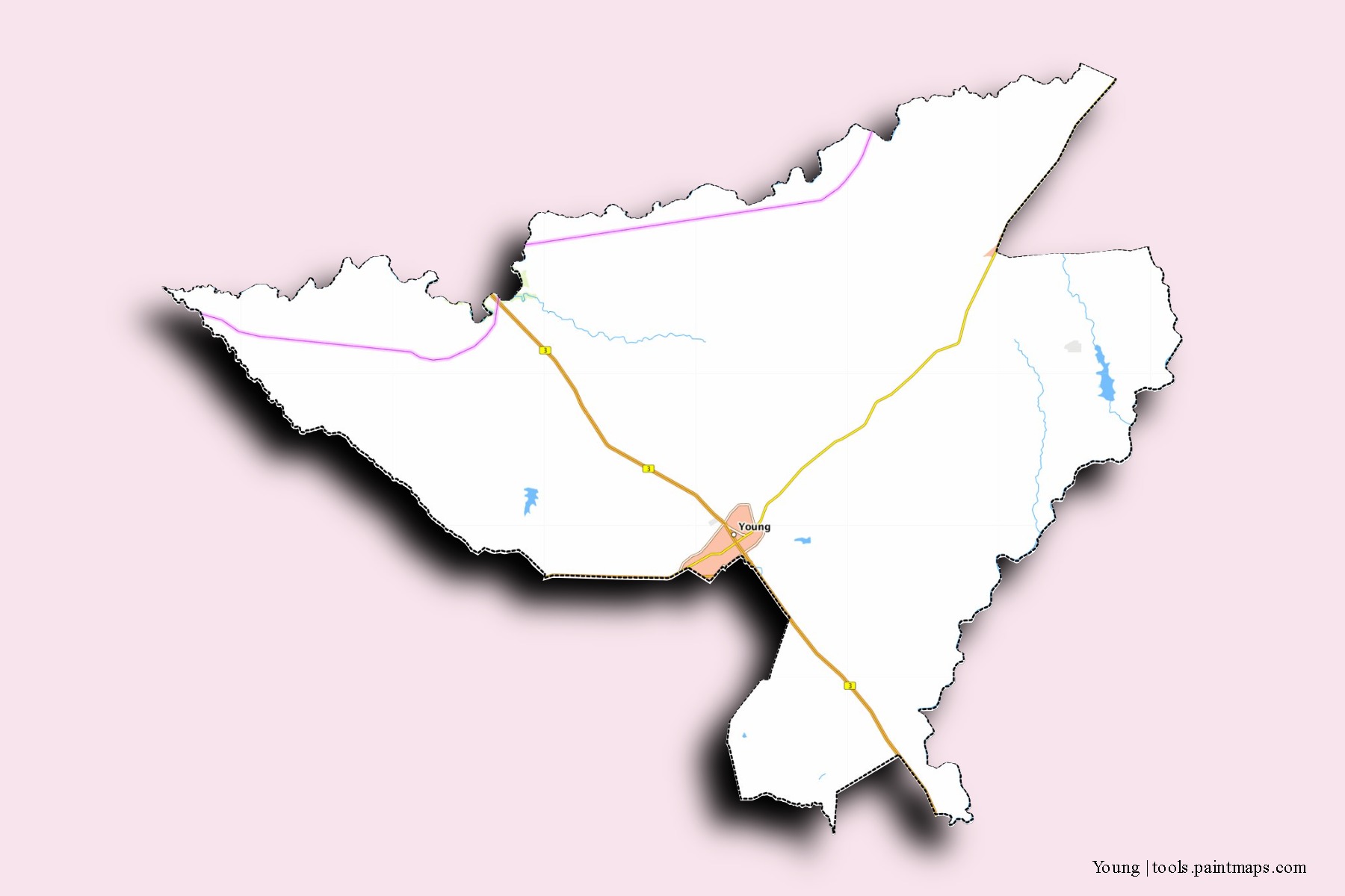 Mapa de barrios y pueblos de Young con efecto de sombra 3D