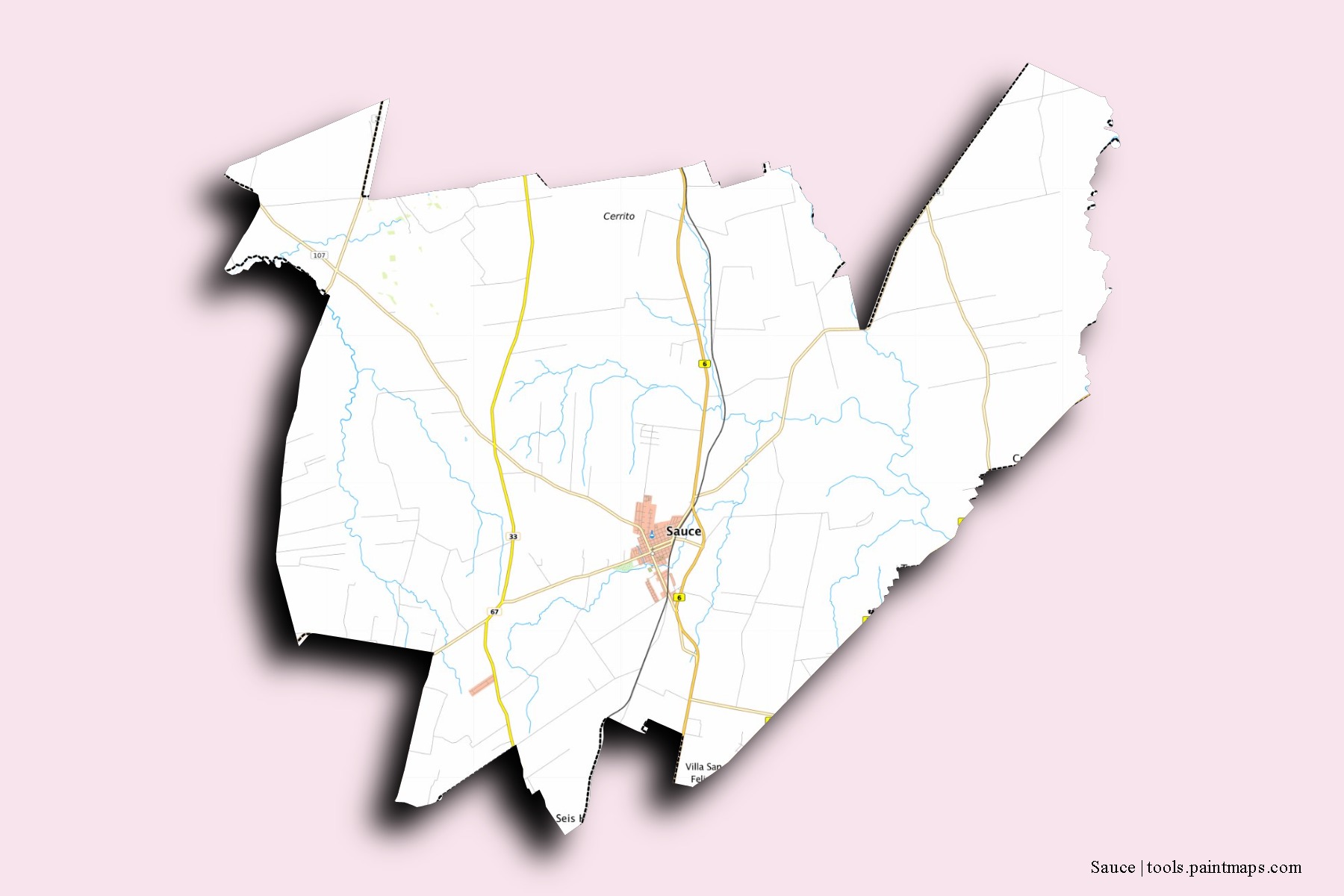Mapa de barrios y pueblos de Sauce con efecto de sombra 3D