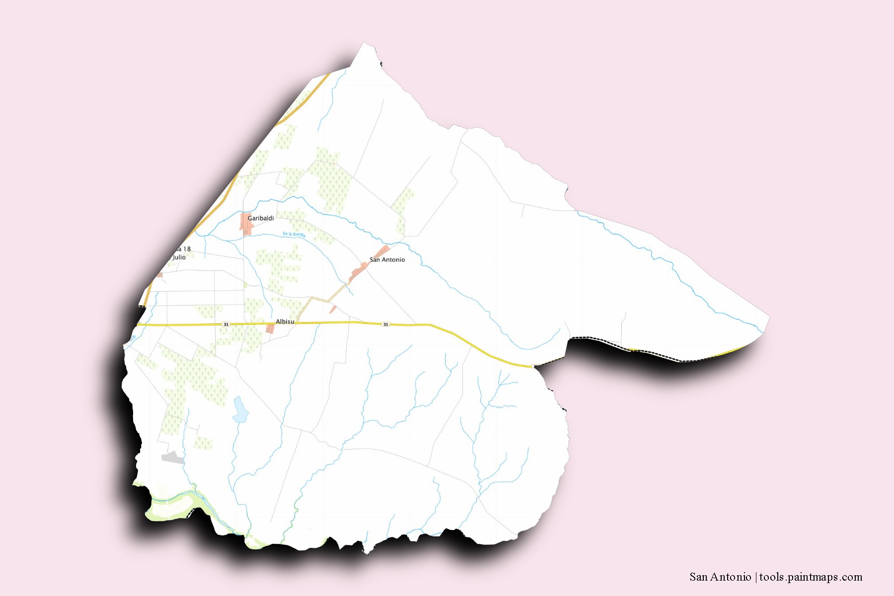 Mapa de barrios y pueblos de San Antonio con efecto de sombra 3D