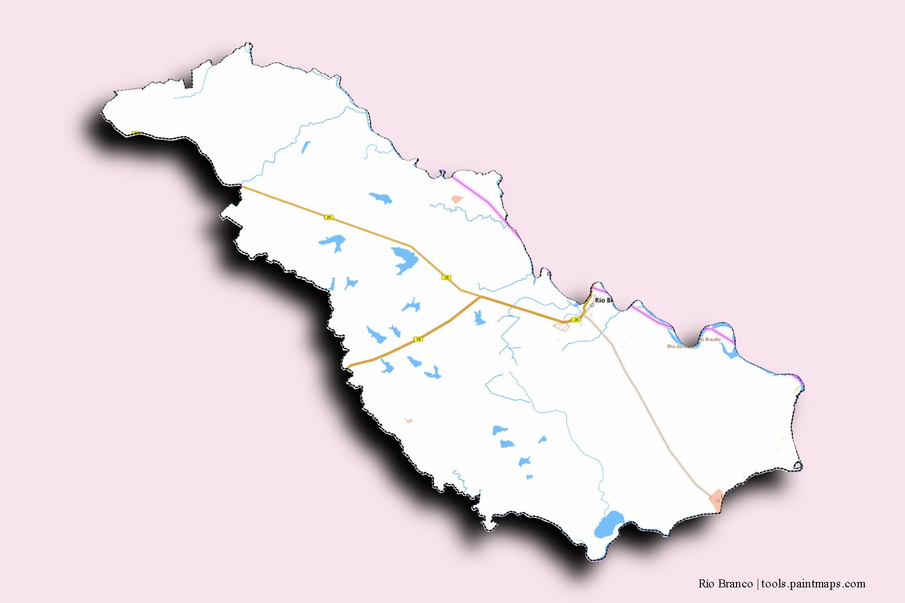 Río Branco neighborhoods and villages map with 3D shadow effect