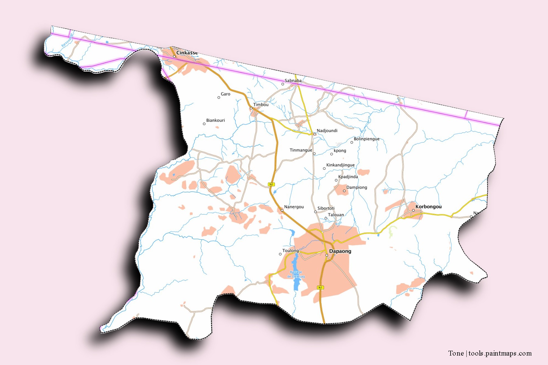 Mapa de barrios y pueblos de Tone con efecto de sombra 3D