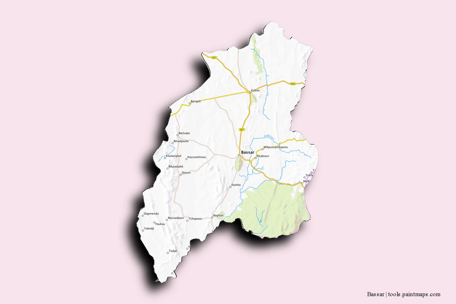 Mapa de barrios y pueblos de Bassar con efecto de sombra 3D