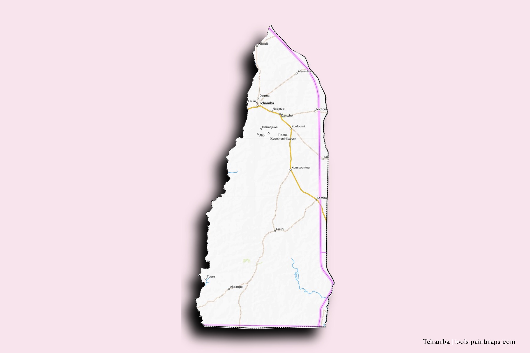 Mapa de barrios y pueblos de Tchamba con efecto de sombra 3D