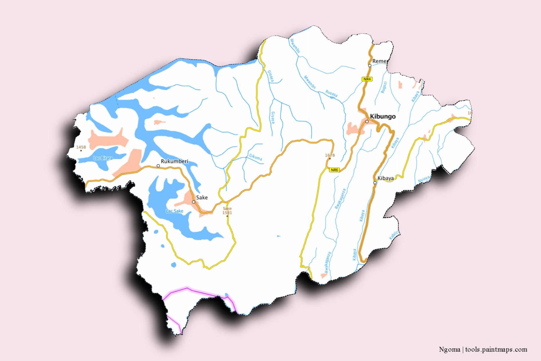 Ngoma neighborhoods and villages map with 3D shadow effect