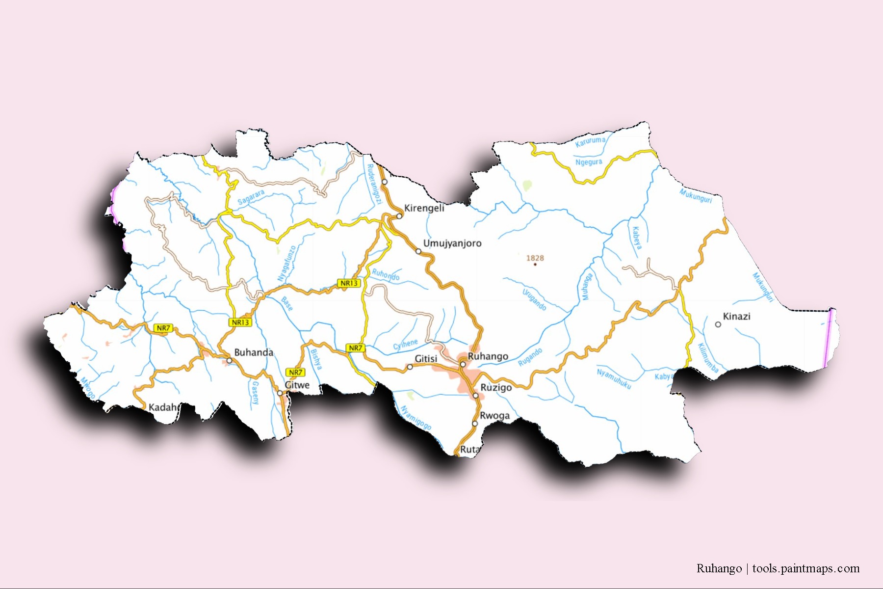 Mapa de barrios y pueblos de Ruhango con efecto de sombra 3D