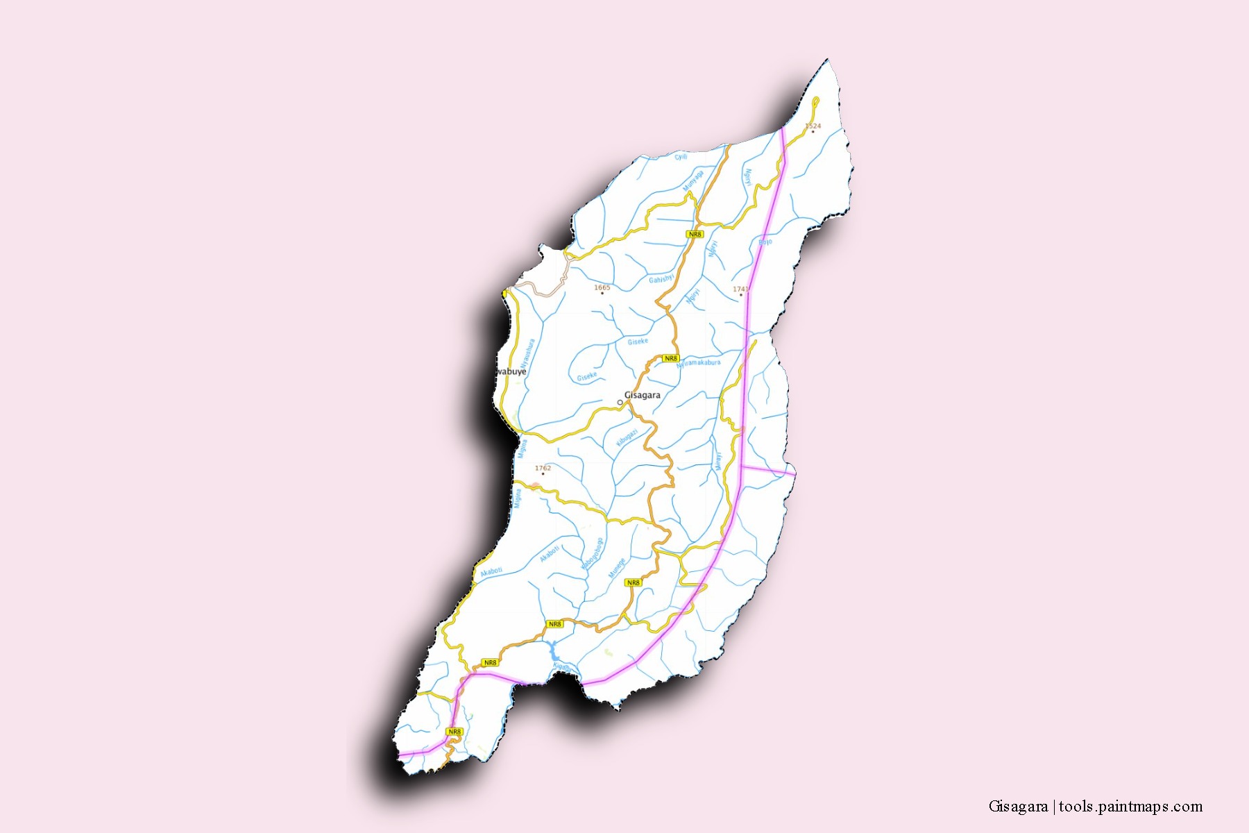 Mapa de barrios y pueblos de Gisagara con efecto de sombra 3D