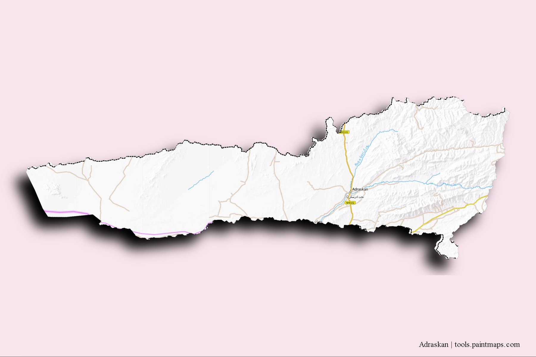 Adraskan neighborhoods and villages map with 3D shadow effect