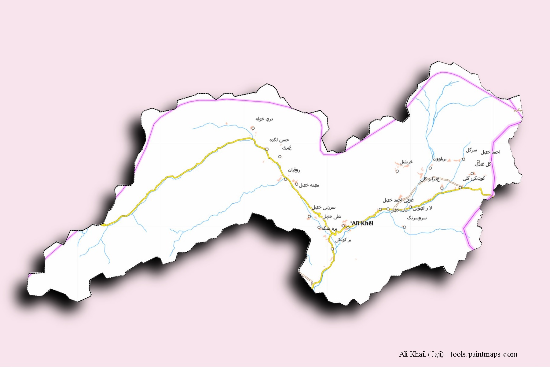 3D gölge efektli Ali Khail (Jaji) mahalleleri ve köyleri haritası