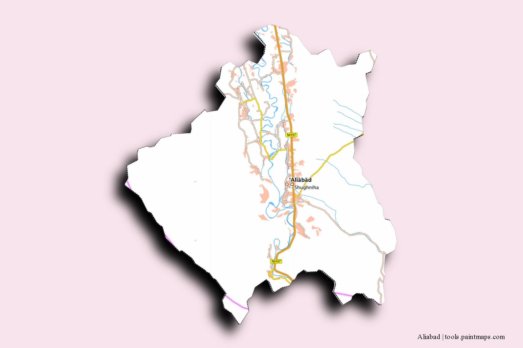 Ali Abad neighborhoods and villages map with 3D shadow effect