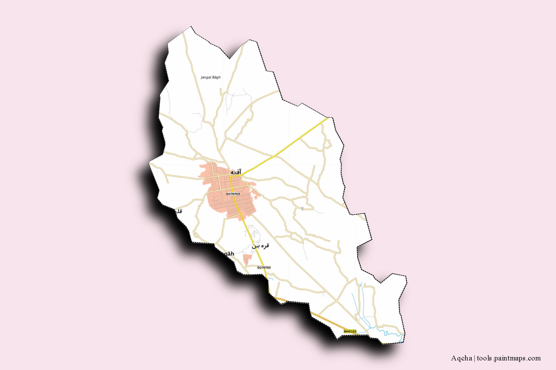 Mapa de barrios y pueblos de Aqcha con efecto de sombra 3D