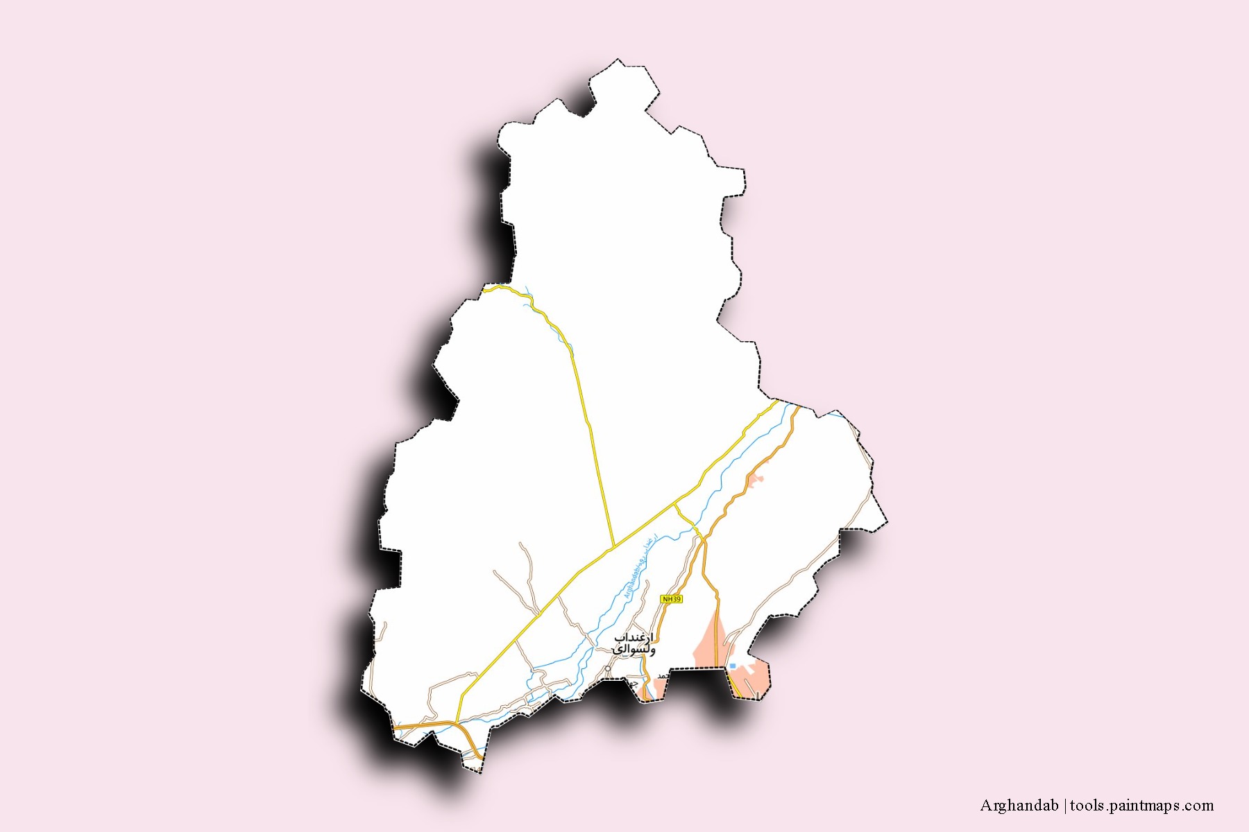 Arghandab neighborhoods and villages map with 3D shadow effect