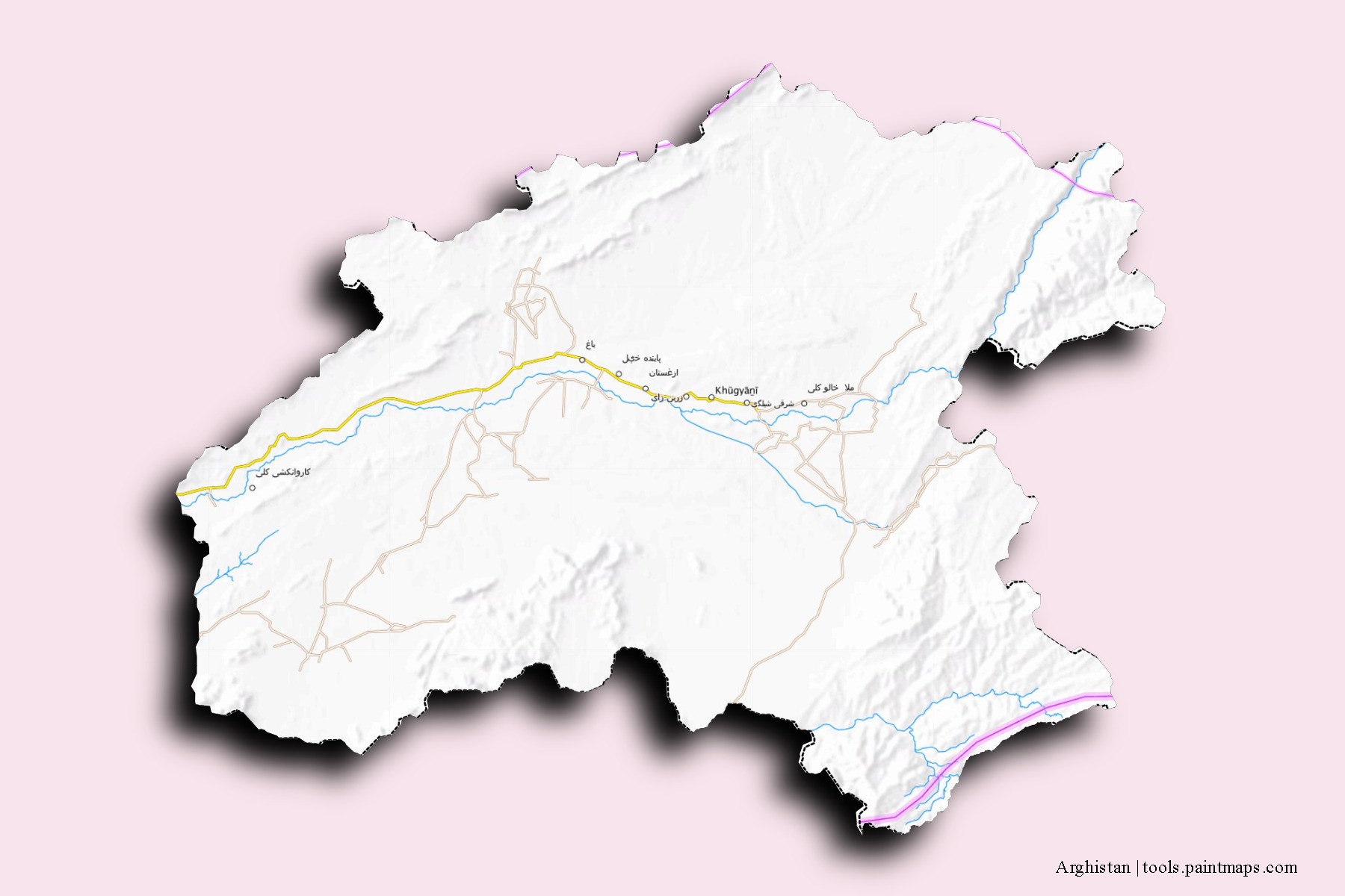 3D gölge efektli Arghistan mahalleleri ve köyleri haritası