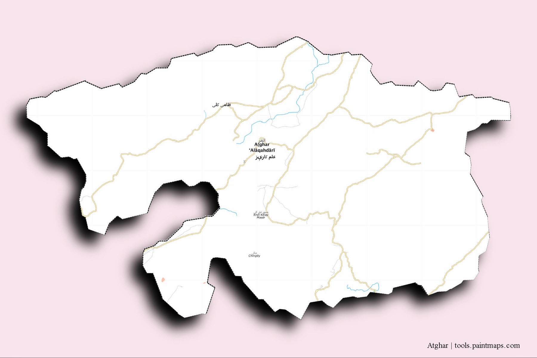 Mapa de barrios y pueblos de Atghar con efecto de sombra 3D