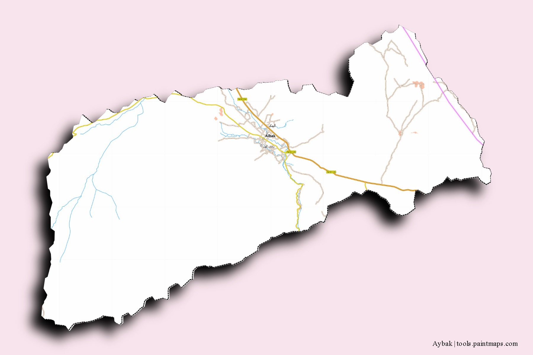 Aybak neighborhoods and villages map with 3D shadow effect