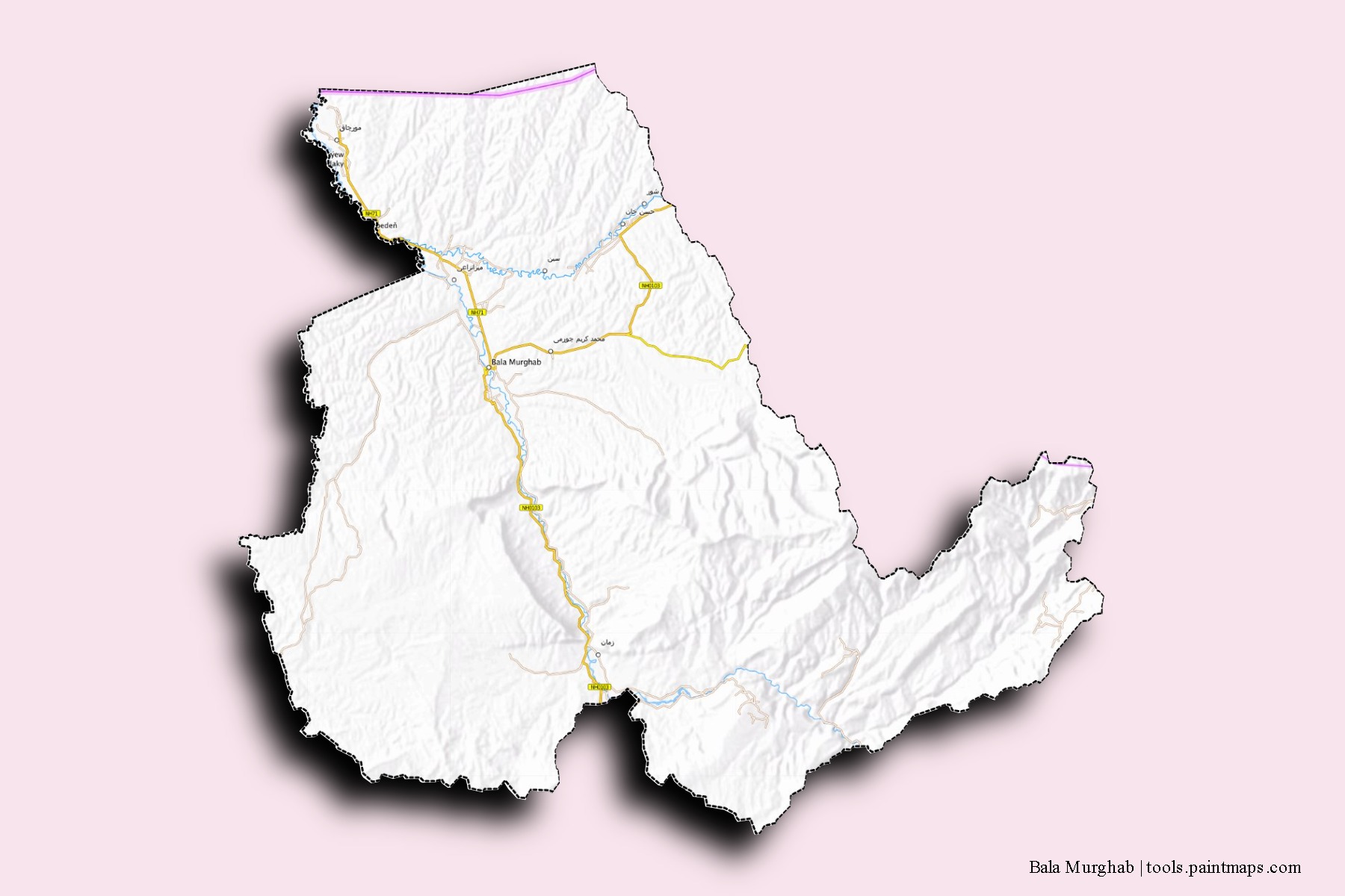 Mapa de barrios y pueblos de Bala Murghab con efecto de sombra 3D