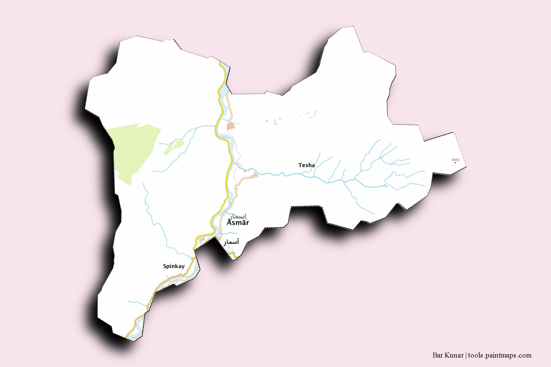 Bar Kunar neighborhoods and villages map with 3D shadow effect