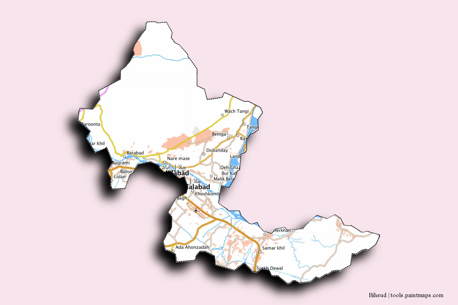 Bihsud neighborhoods and villages map with 3D shadow effect