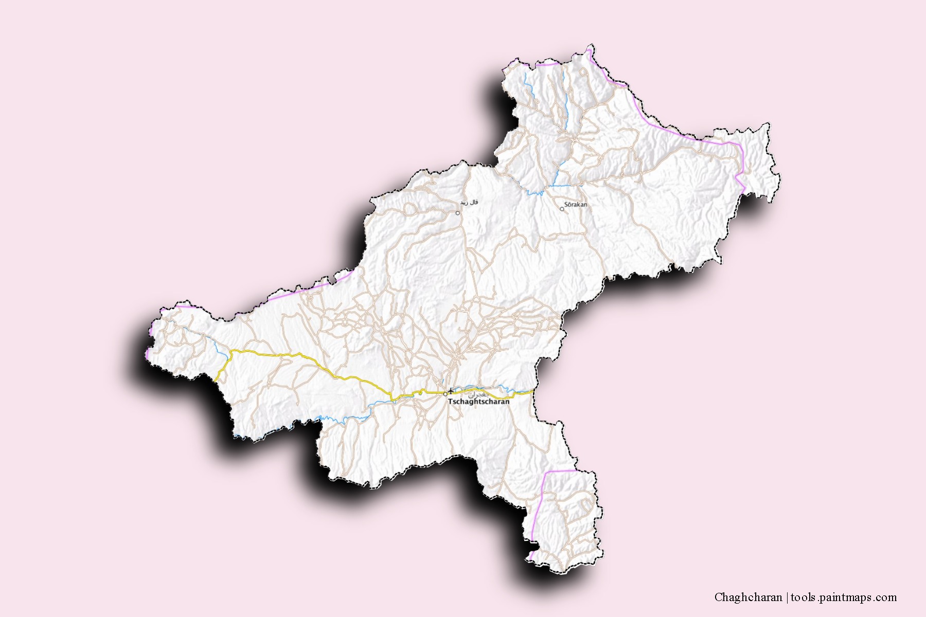 Mapa de barrios y pueblos de Chaghcharan con efecto de sombra 3D