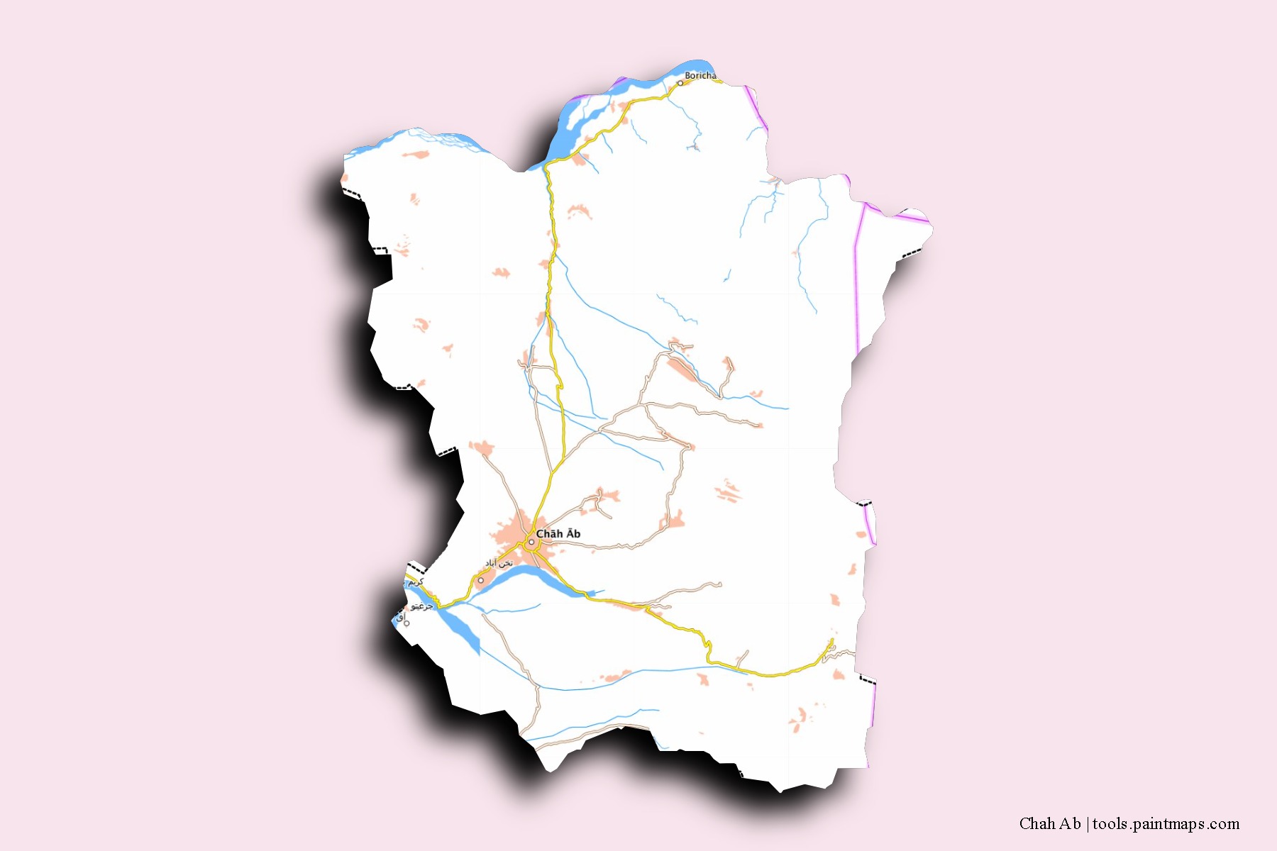 Mapa de barrios y pueblos de Chah Ab con efecto de sombra 3D