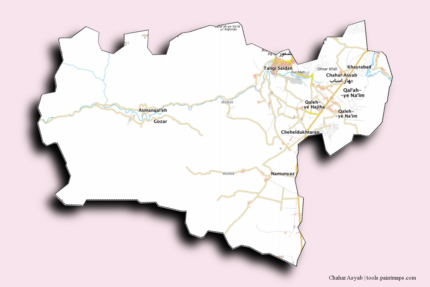 Chahar Asyab neighborhoods and villages map with 3D shadow effect